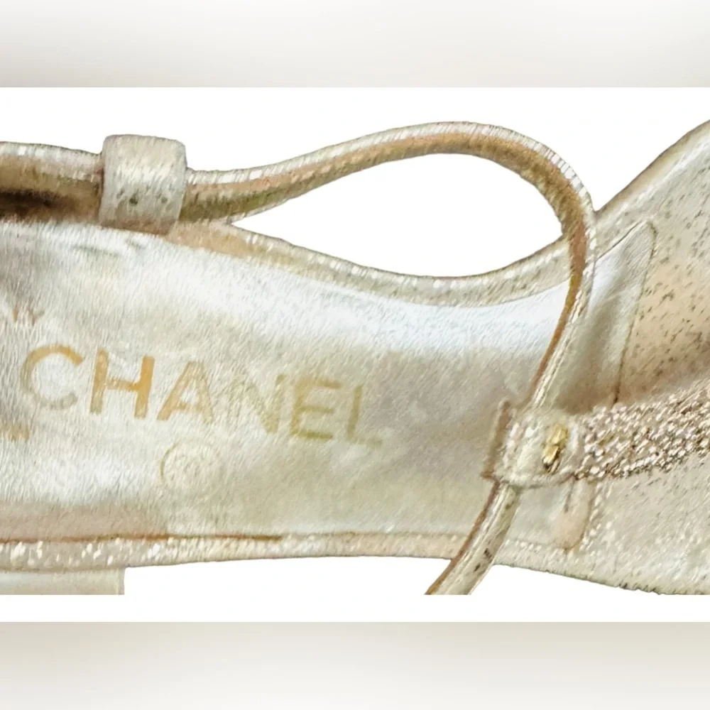 Chanel gold metallic flake leather sandals with black patten heels size 38